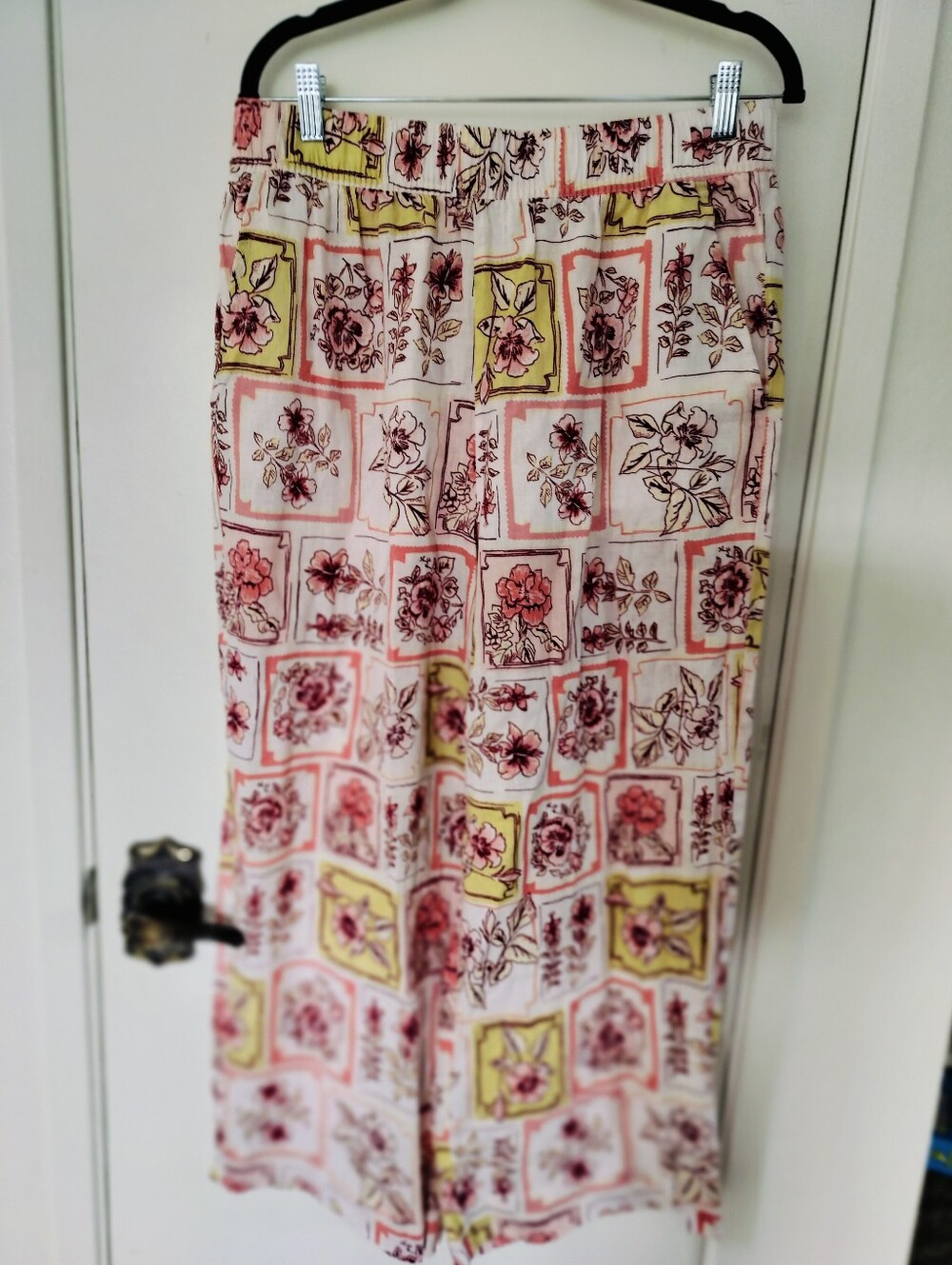 Joie 100% Linen Wide Leg Pants Floral Stamp Patchwork Pink Yellow Large L Pocket